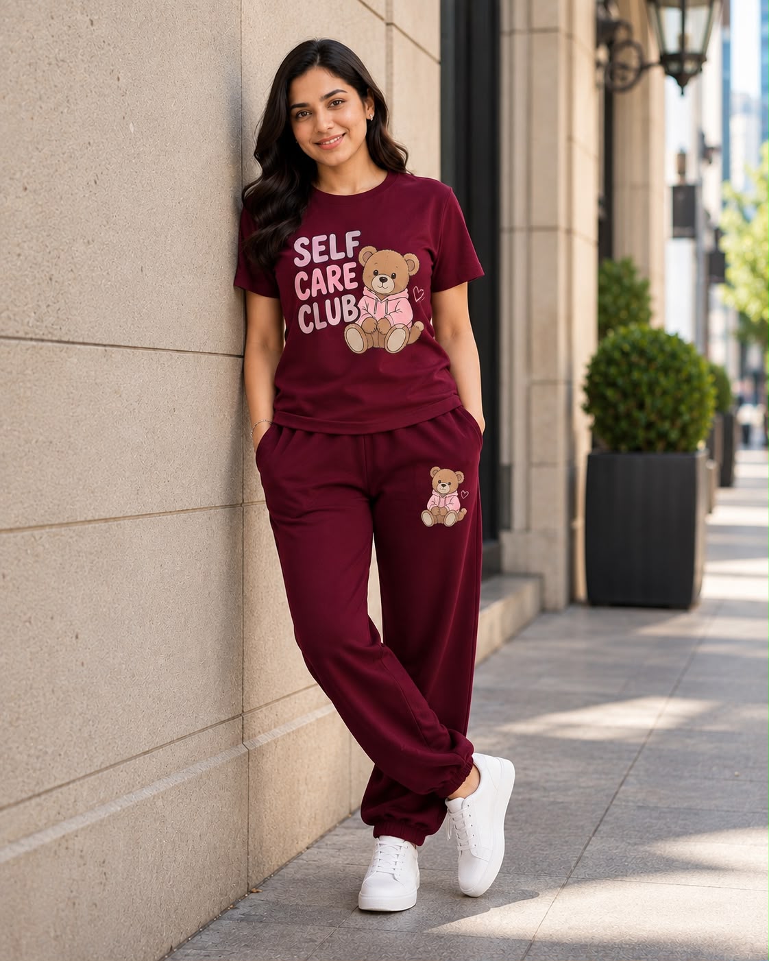 Self Care Club Bear Burgundy Coord Set