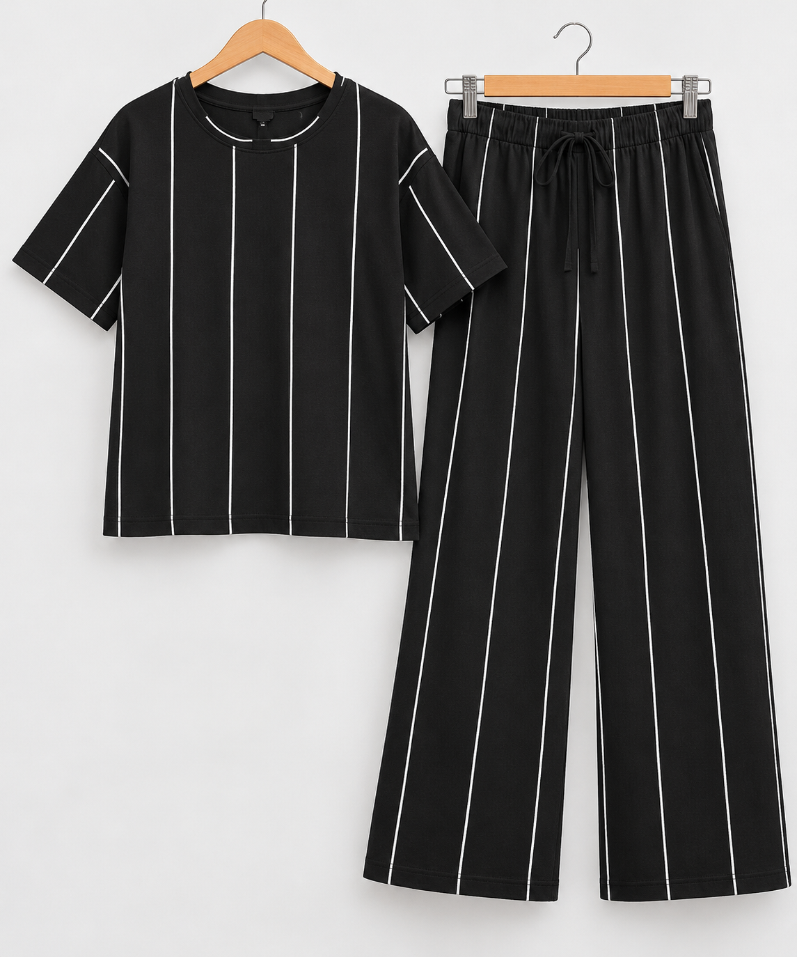 Stripe T-Shirt & Pajama Coord Set Black White