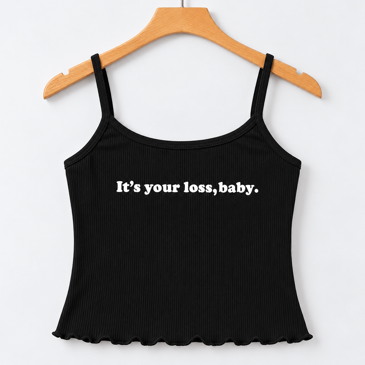 Ribbed “It’s Your Loss, Baby” Spaghetti Strap Cami Top Black
