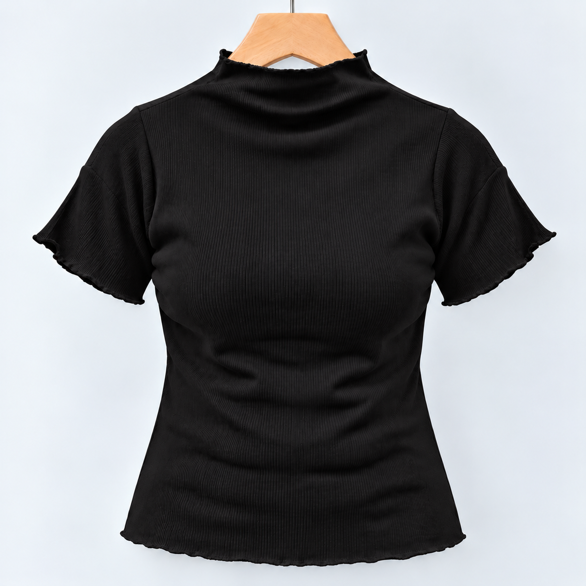 Ribbed Seamless High-Neck Short-Sleeve Top Black