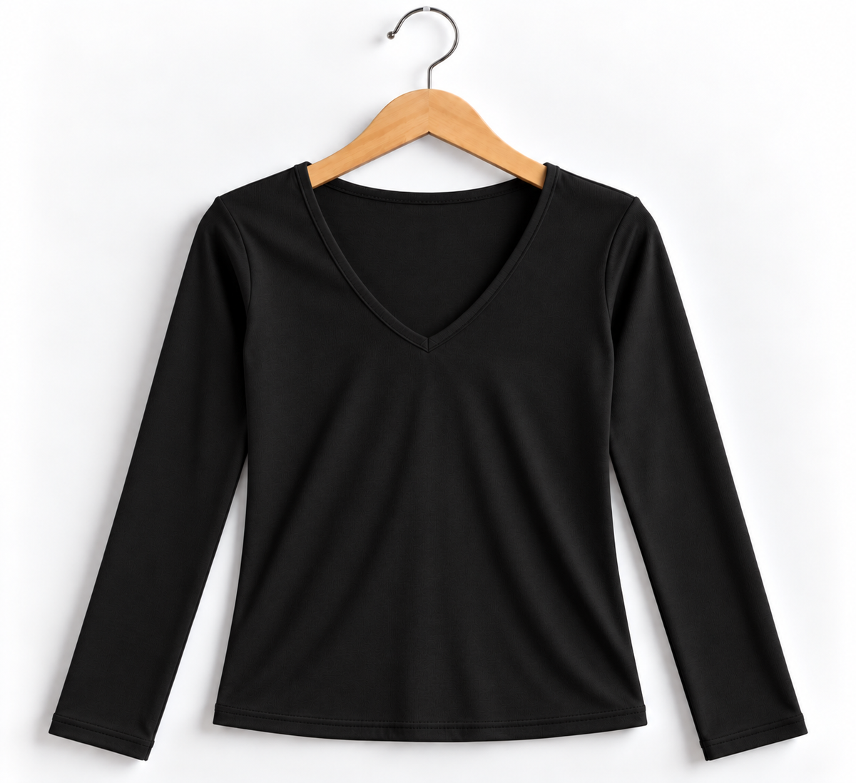 V- Neck Full Sleeve Ribbed Top Black