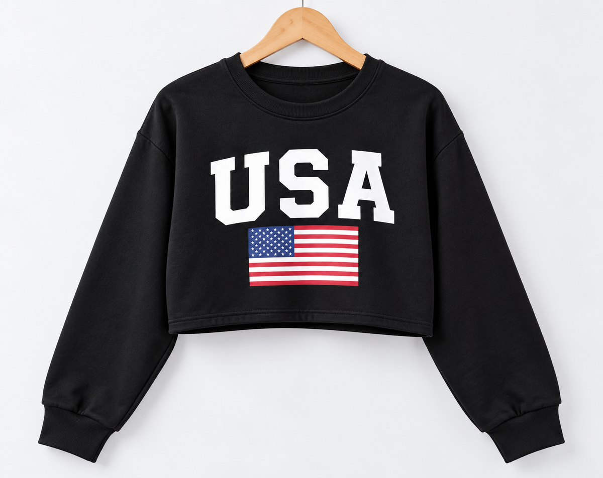 USA Graphic Cropped Sweatshirt Black