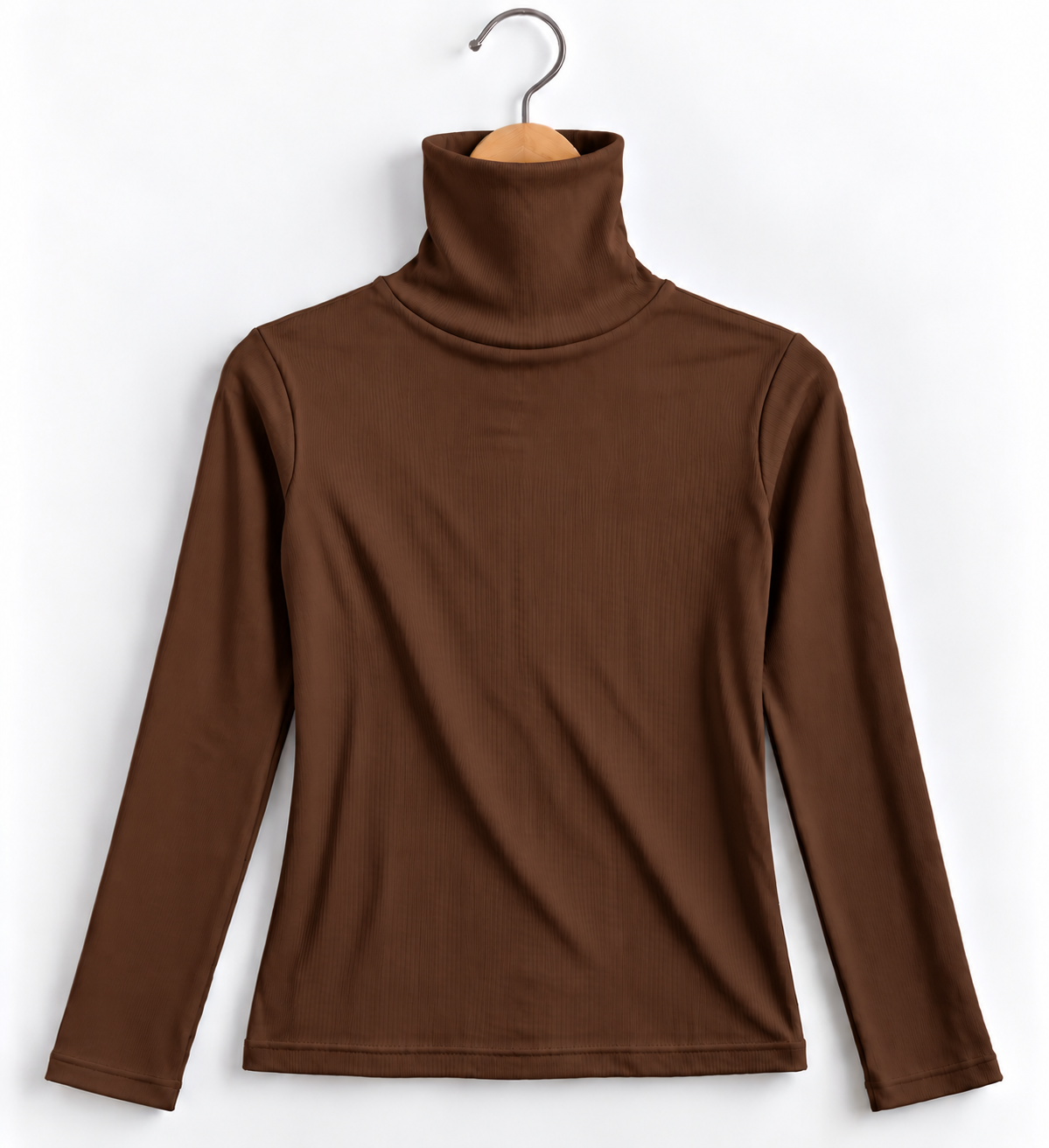 High Collar Full Sleeve Ribbed Top Brown