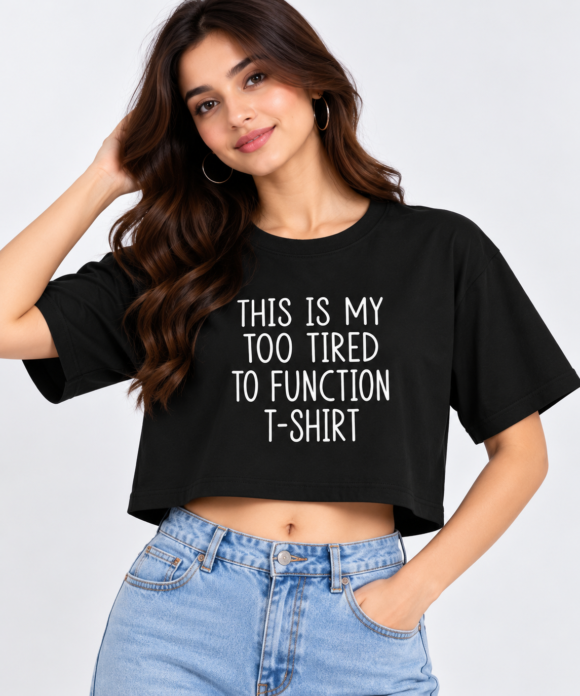Too Tired to Function” Crop T-shirt Black