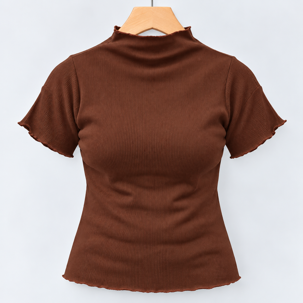 Ribbed Seamless High-Neck Short-Sleeve Top Brown