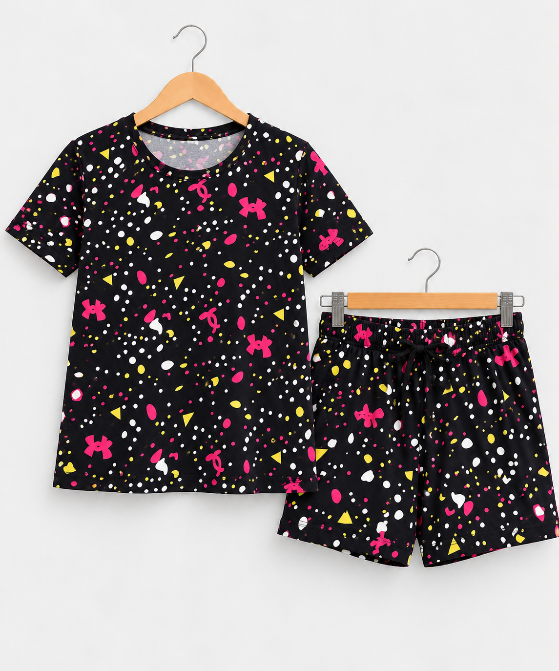 Printed T-Shirt & Shorts Coord Set Black