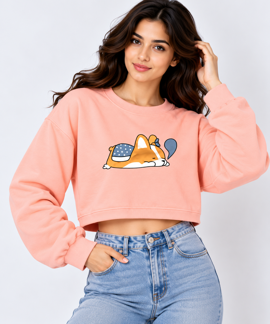 Sleeping Cat Print Cropped Sweatshirt Peach