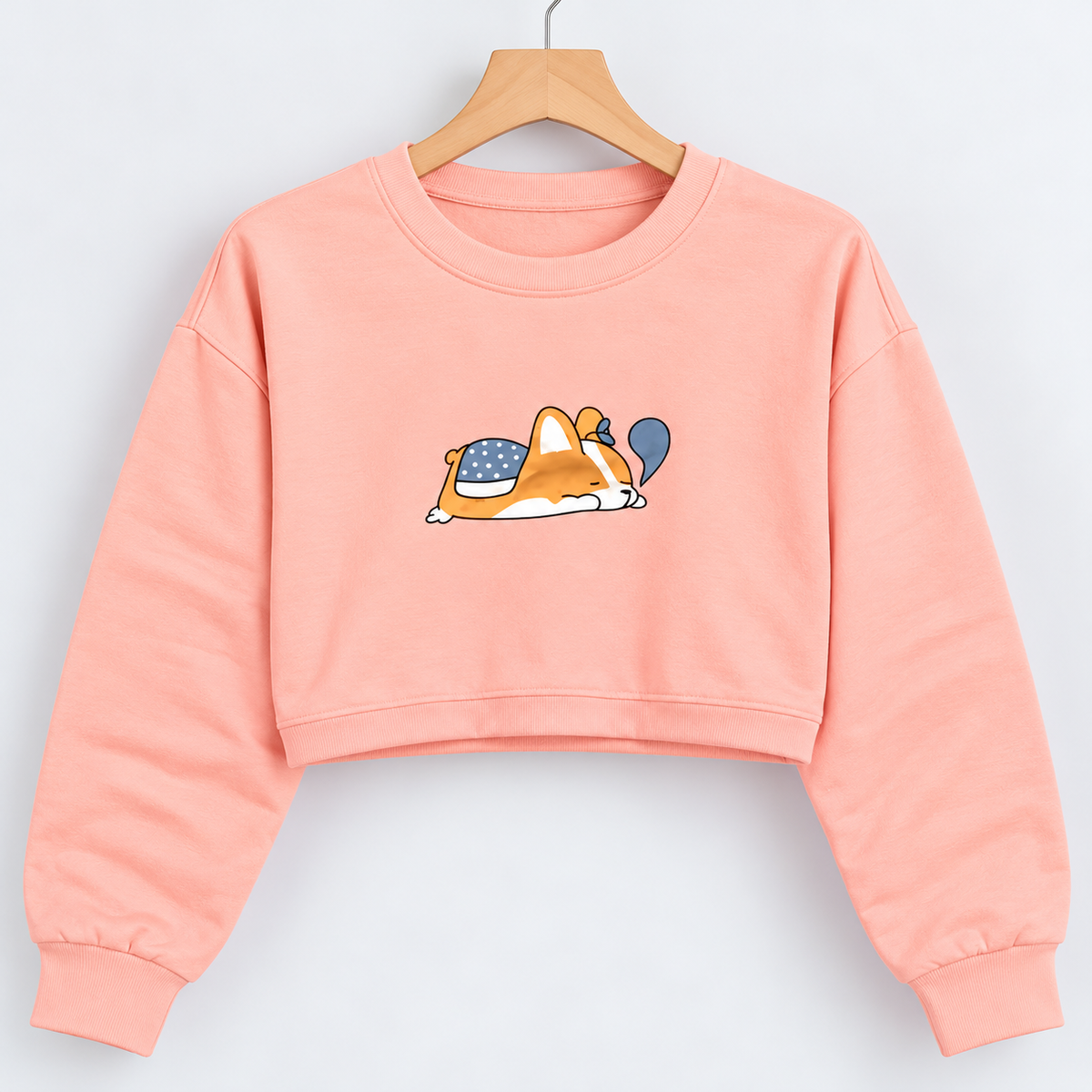 Sleeping Cat Print Cropped Sweatshirt Peach