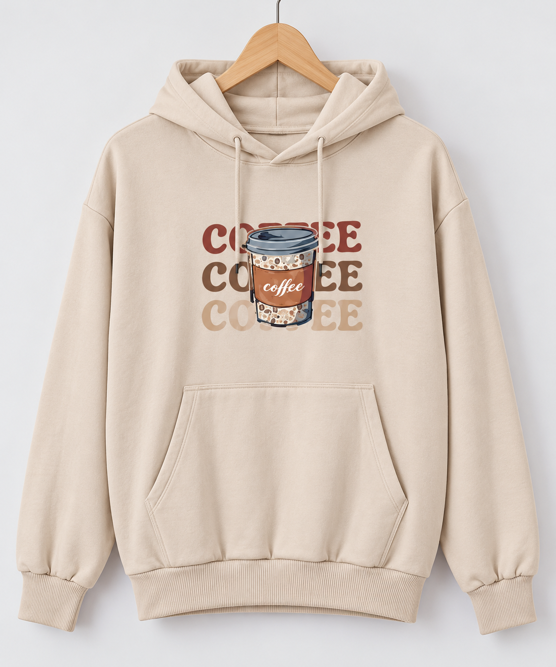 3 Coffee Graphic Oversized Hoodie Beige