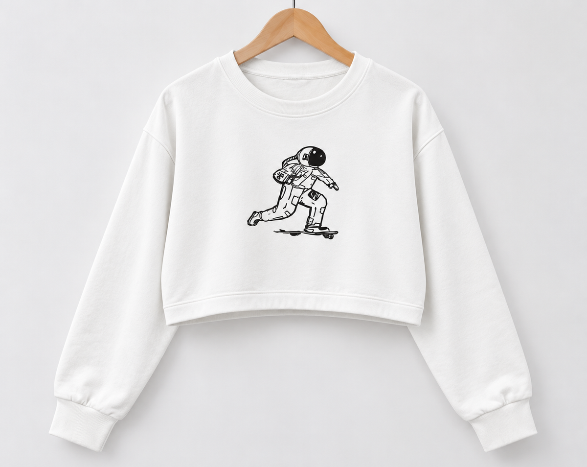 Astronaut Skateboard Cropped Sweatshirt White