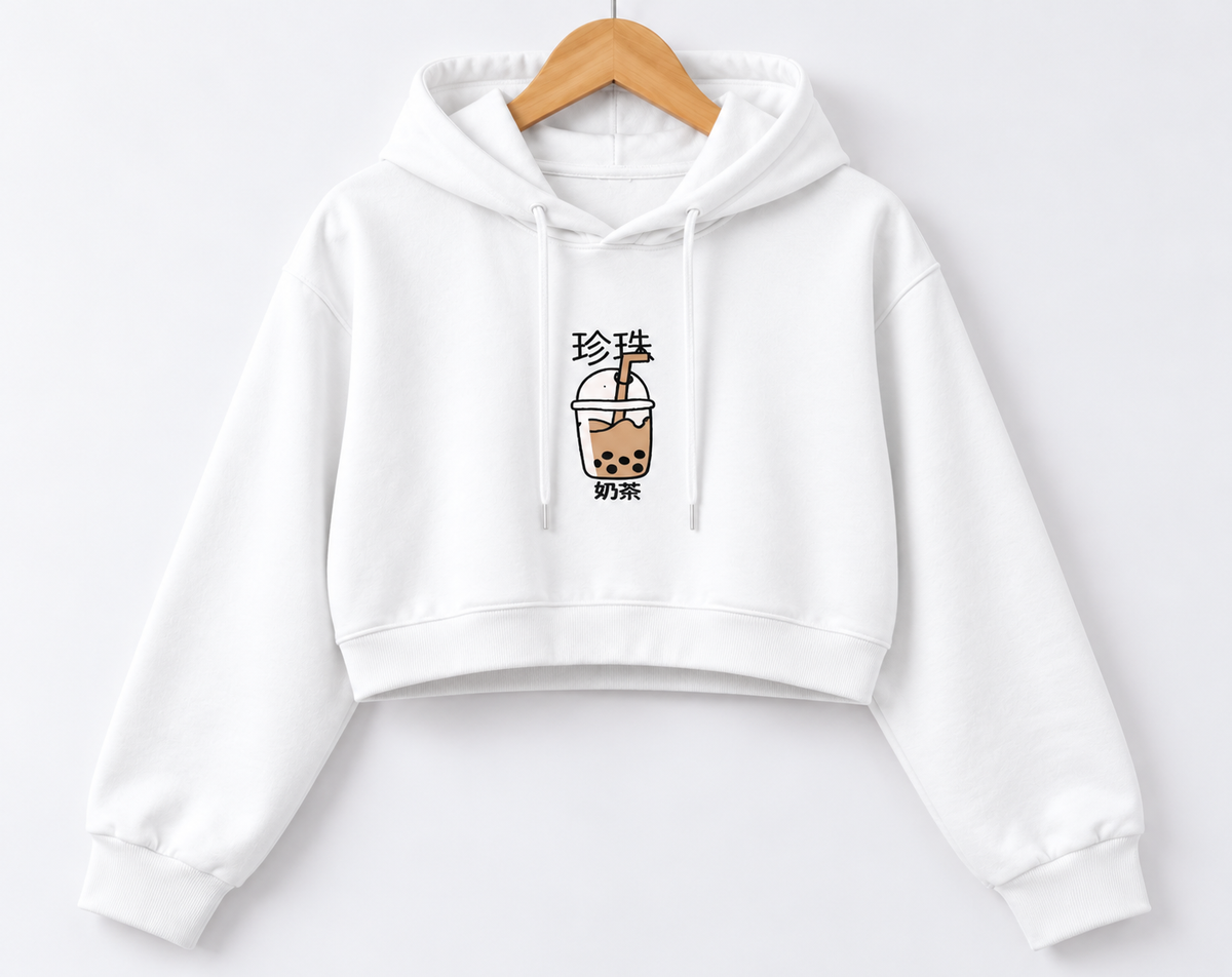 Boba Tea Graphic Cropped Hoodie White