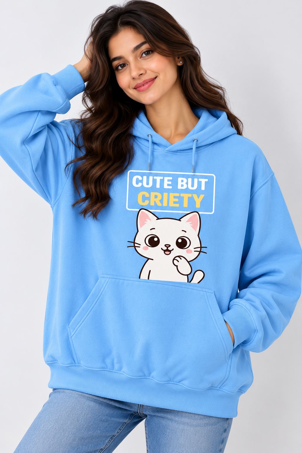Cute But Criety Kitty Oversized Hoodie Sky Blue