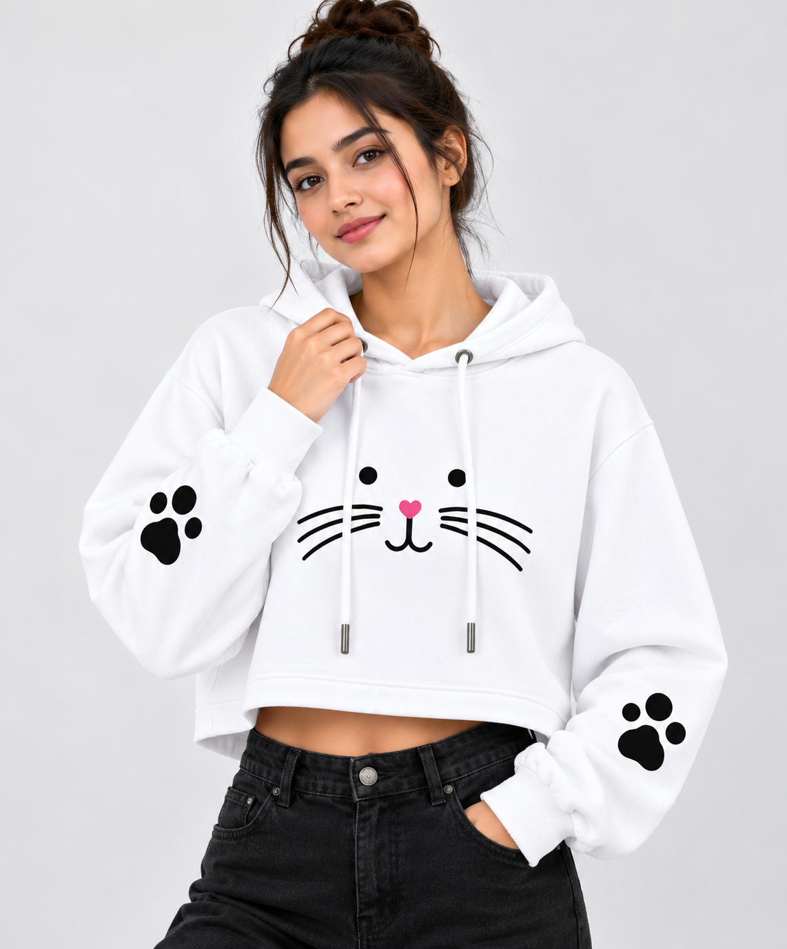 Cat Paw Print Cropped Hoodie White