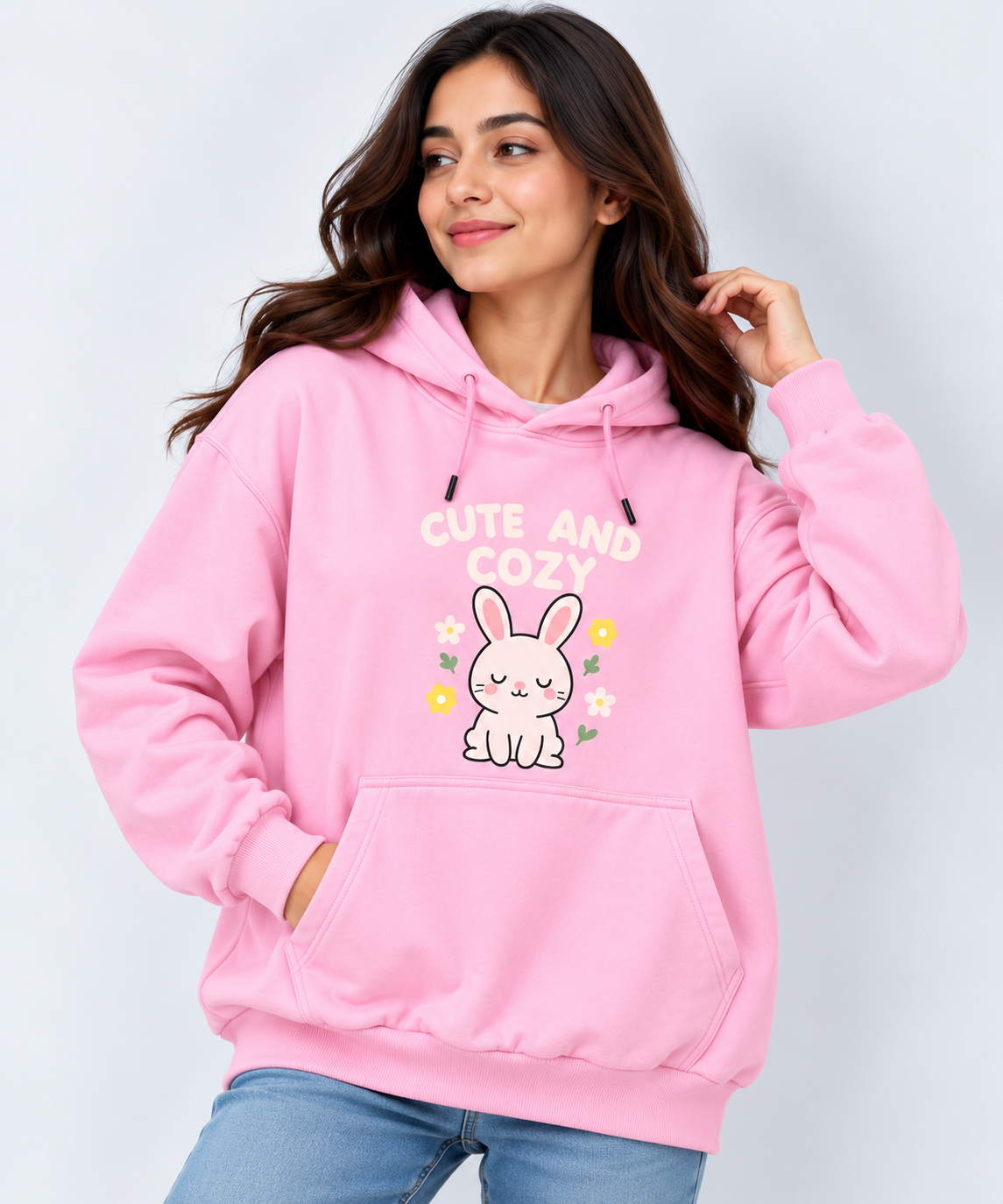 Cute and Cozy Bunny Graphic Oversized Hoodie Pink