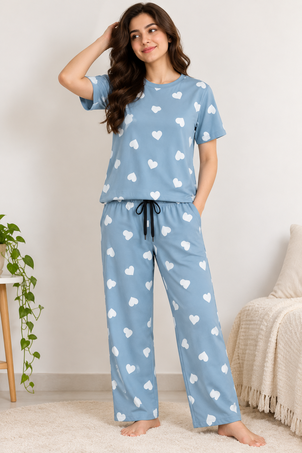 Heart Print Half-Sleeve Coord Set Sky Blue