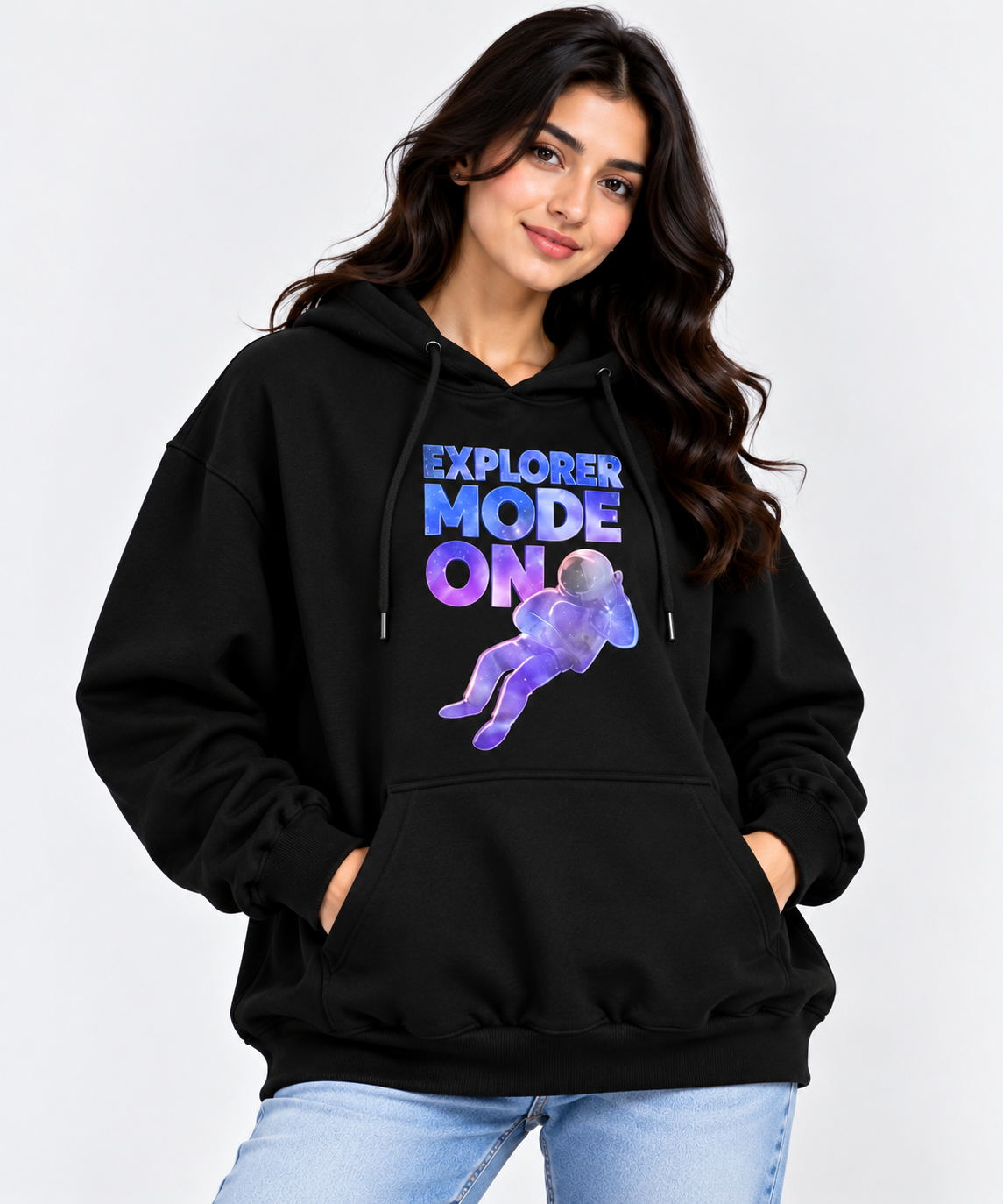 Explorer Mode On Astronaut Graphic Hoodie Black