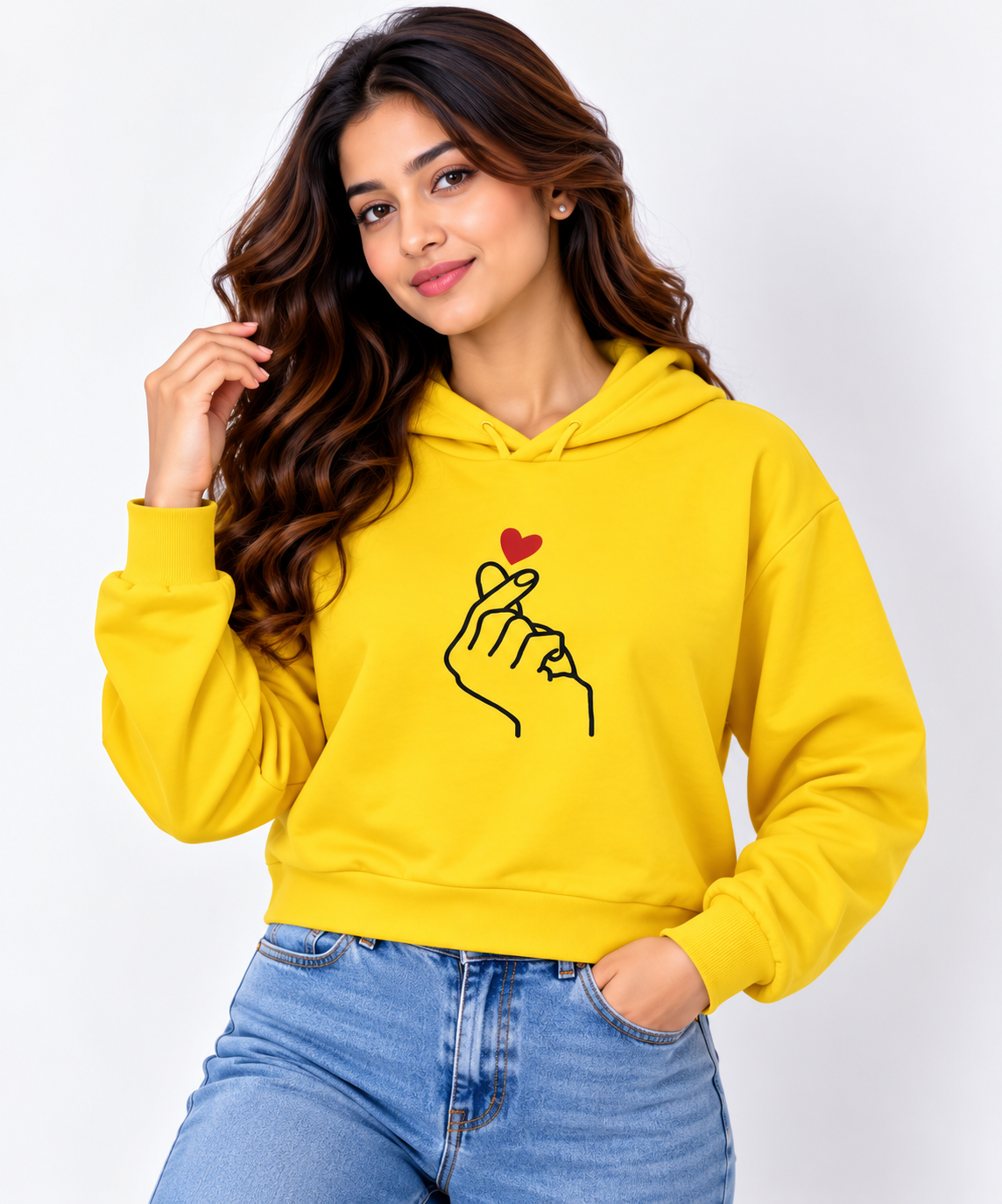 Finger Heart Print Hoodie Yellow
