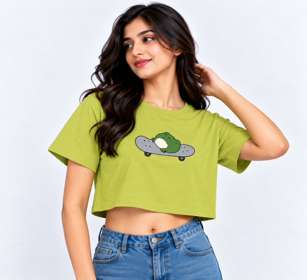 Skateboard Frog Graphic Crop T-Shirt Green