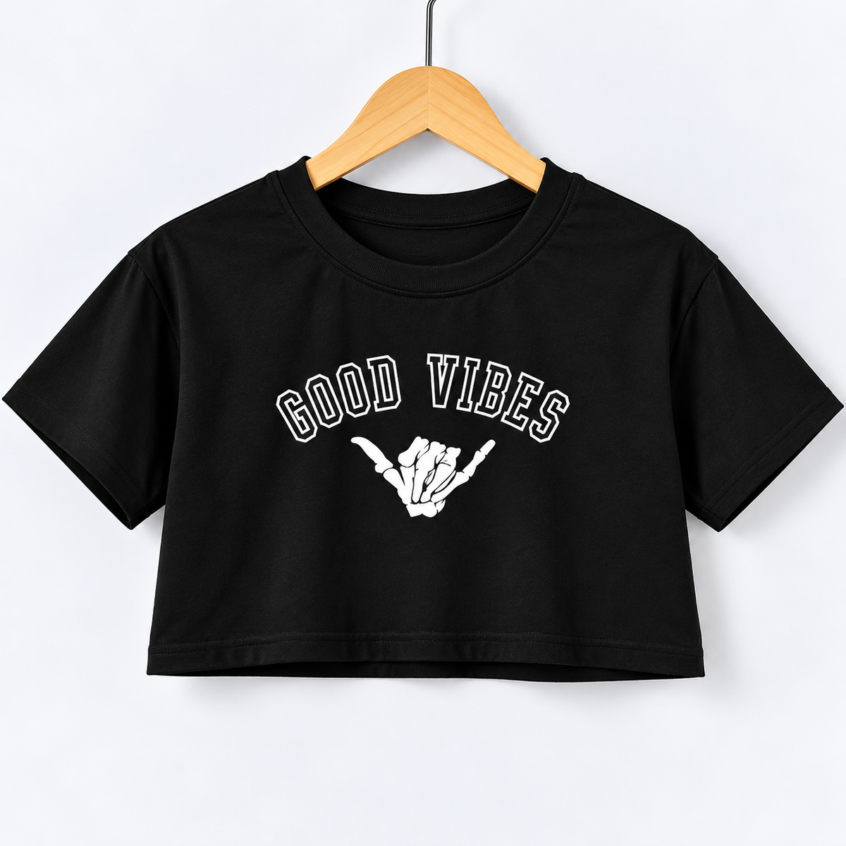 Good Vibes Skeleton Hand Crop T-Shirt Black