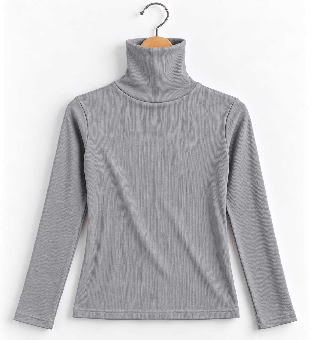 High Collar Full Sleeve Ribbed Top Grey