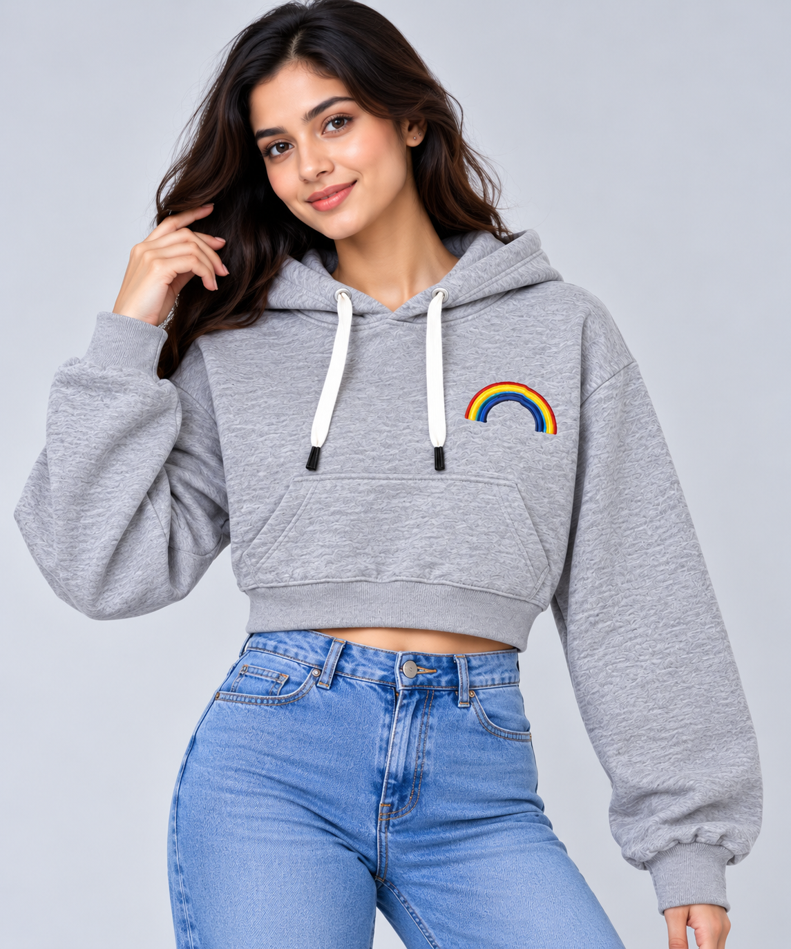 Rainbow Print Cropped Hoodie Grey