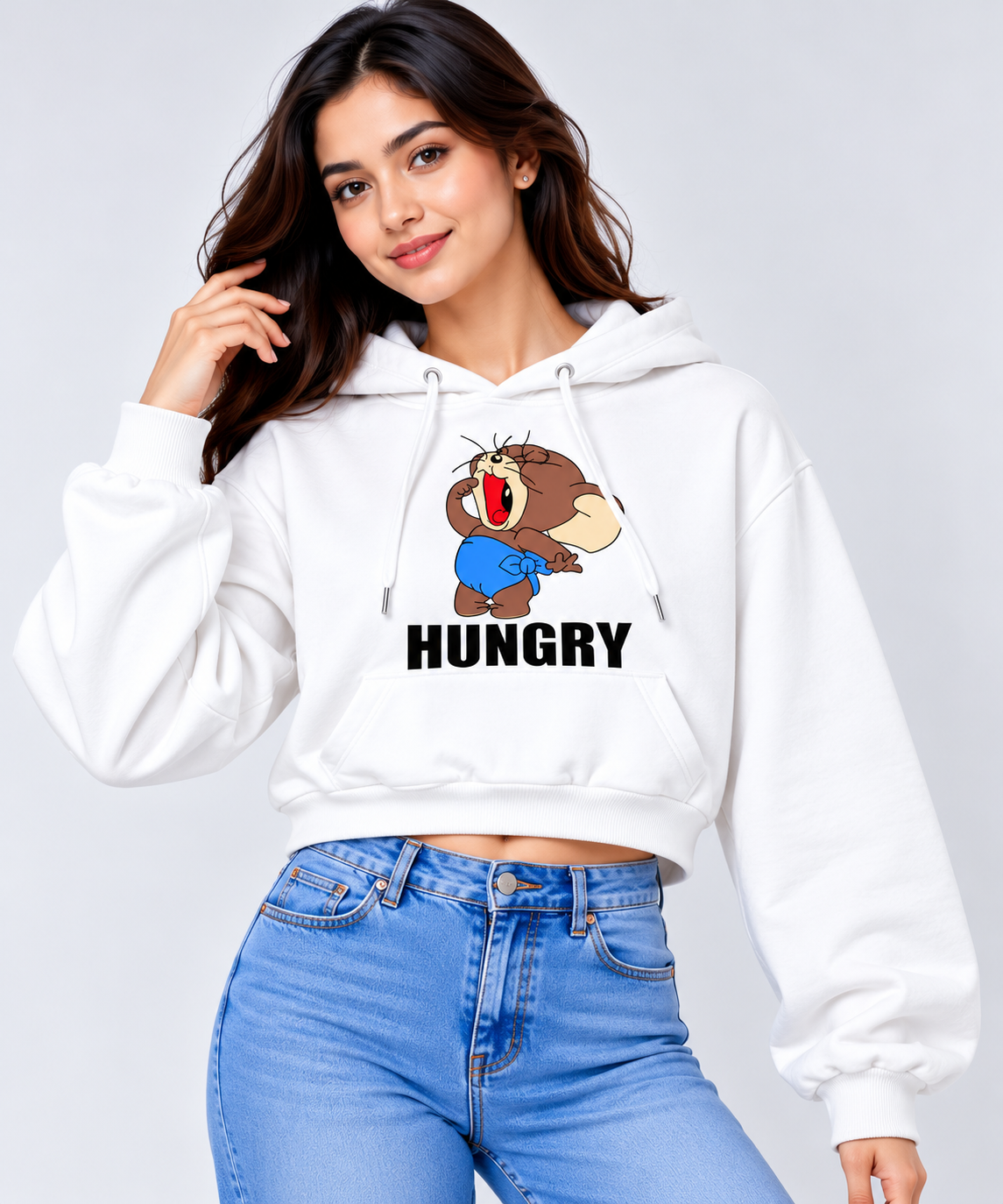 Hungry Graphic Cropped Hoodie White