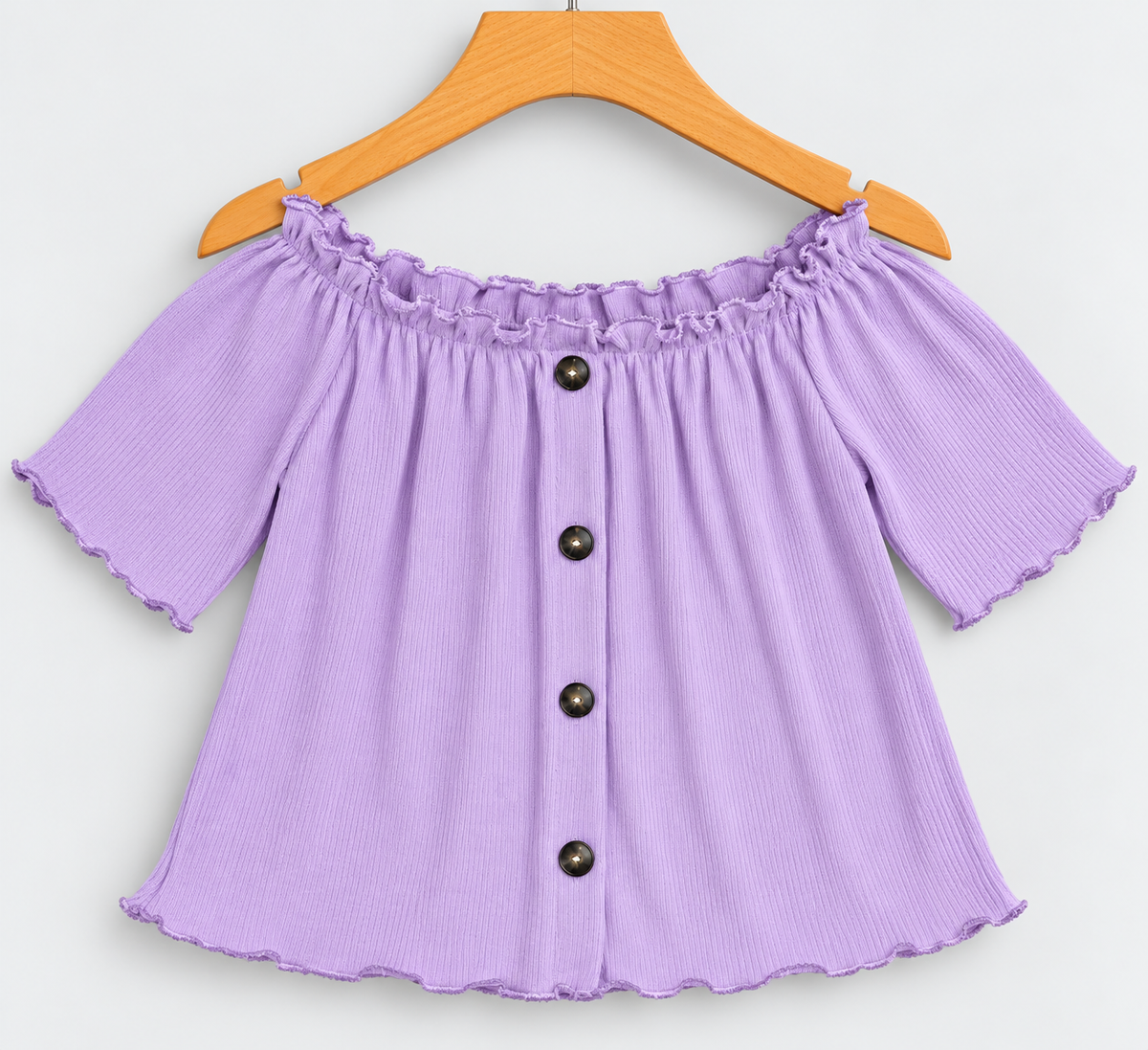 Ribbed Off-Shoulder Button-Front Top Lavender