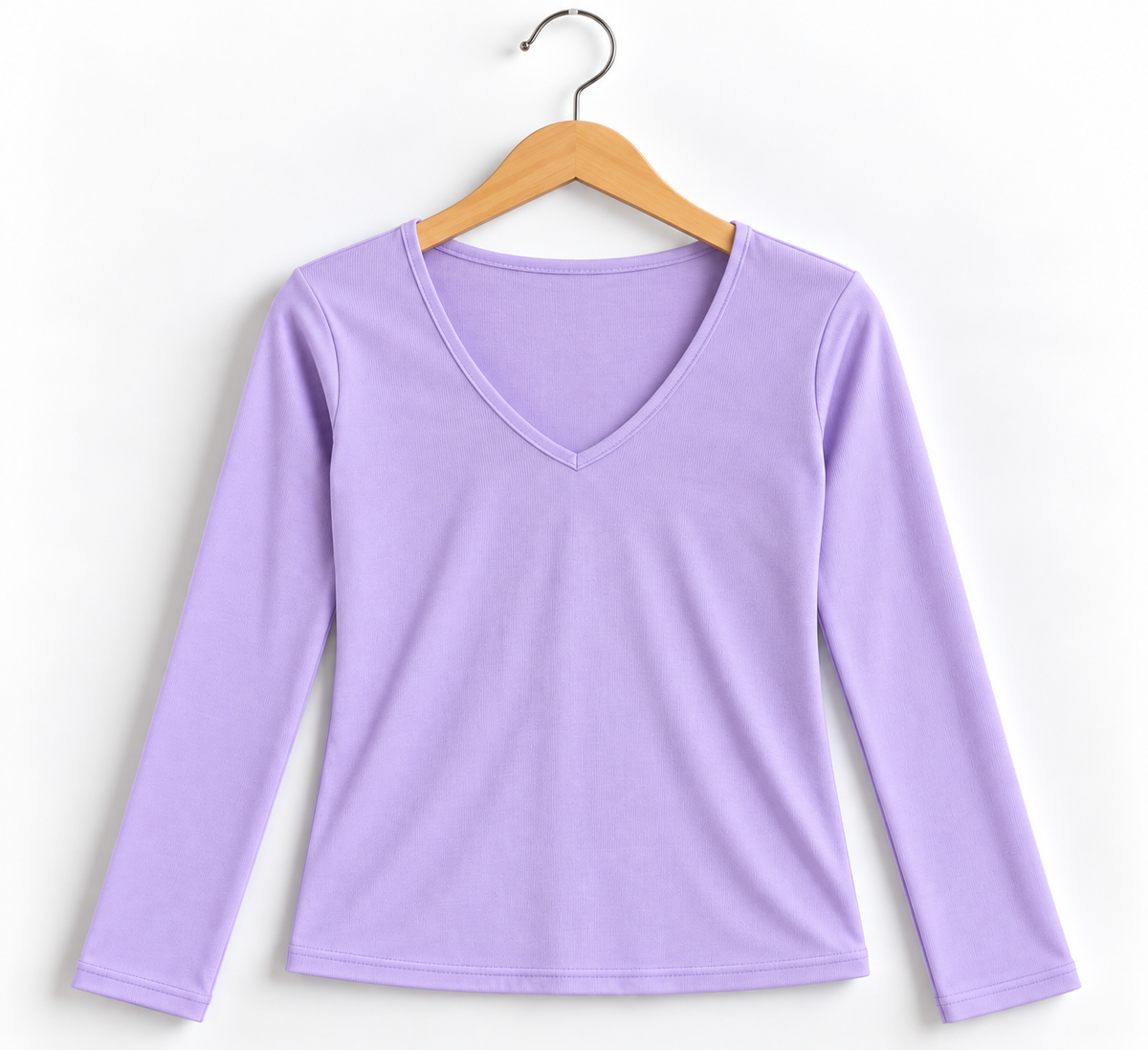V- Neck Full Sleeve Ribbed Top Lavender