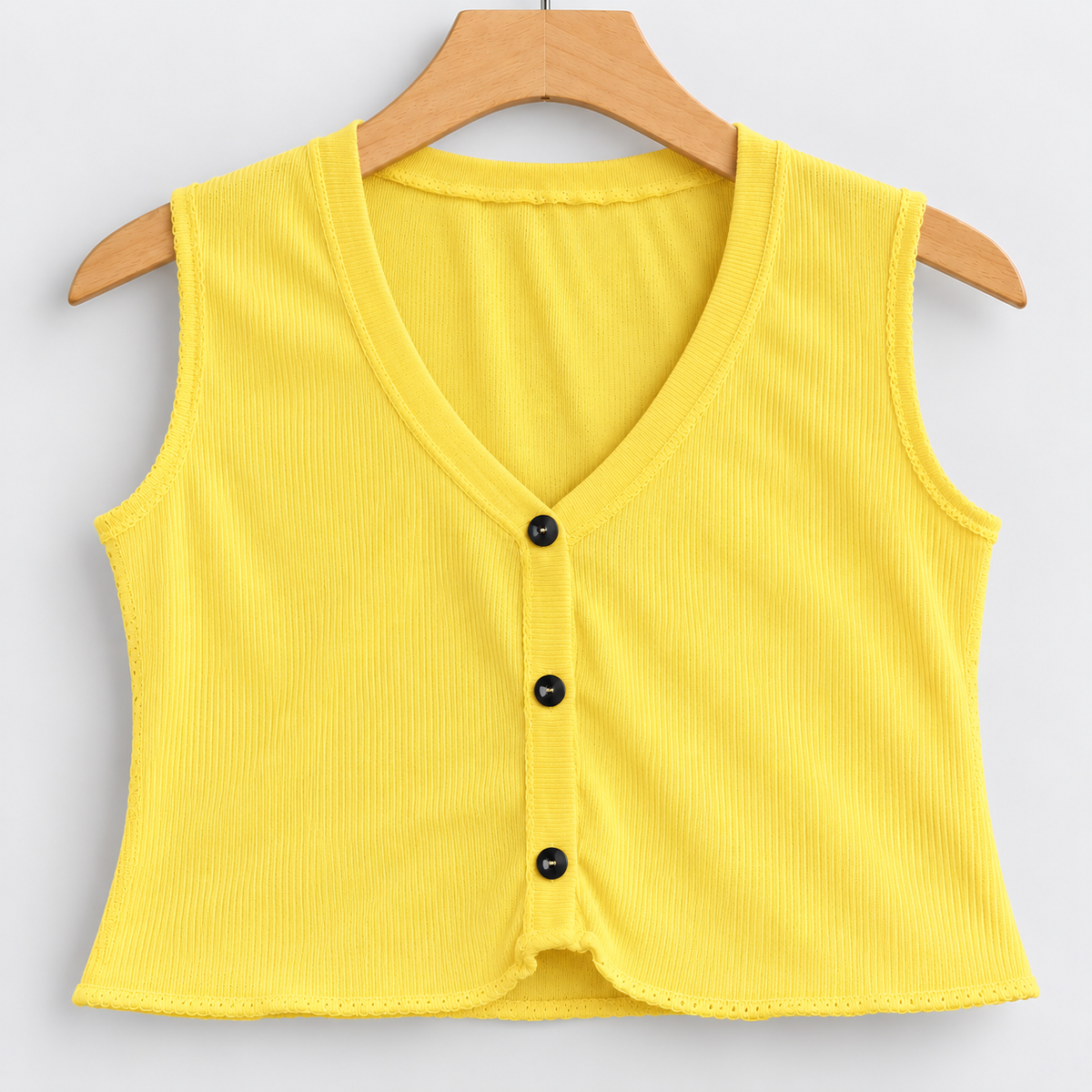 Ribbed Button-Front Sleeveless V-Neck Top Yellow