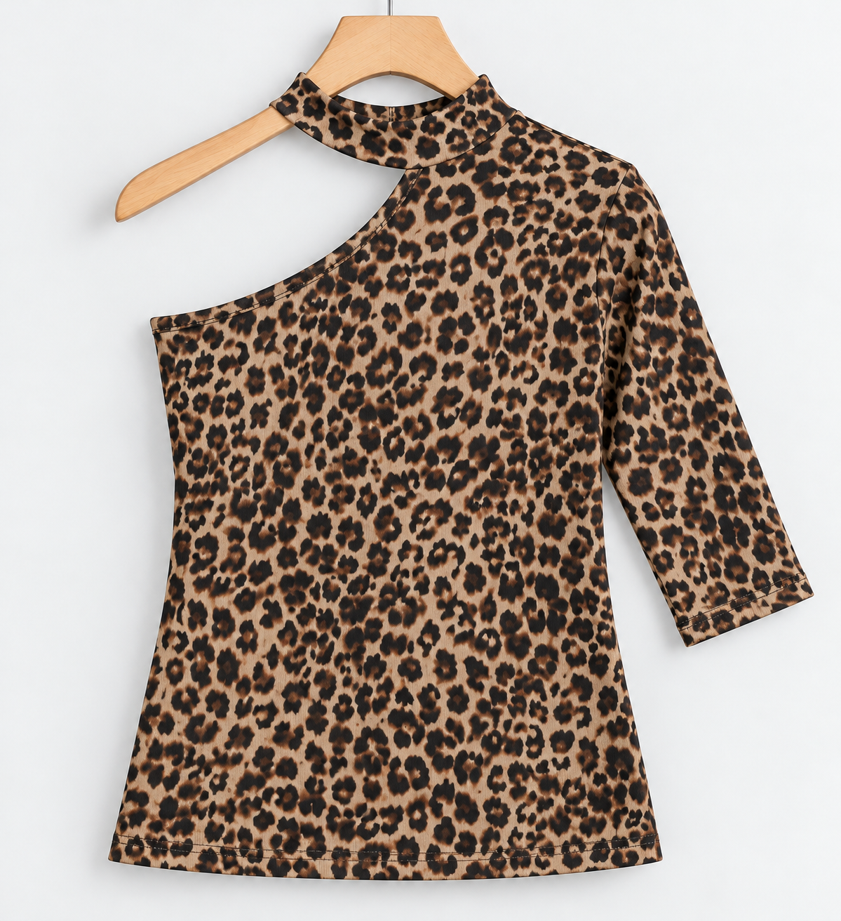 Leopard Print One-Shoulder Cutout Collar Neck Top