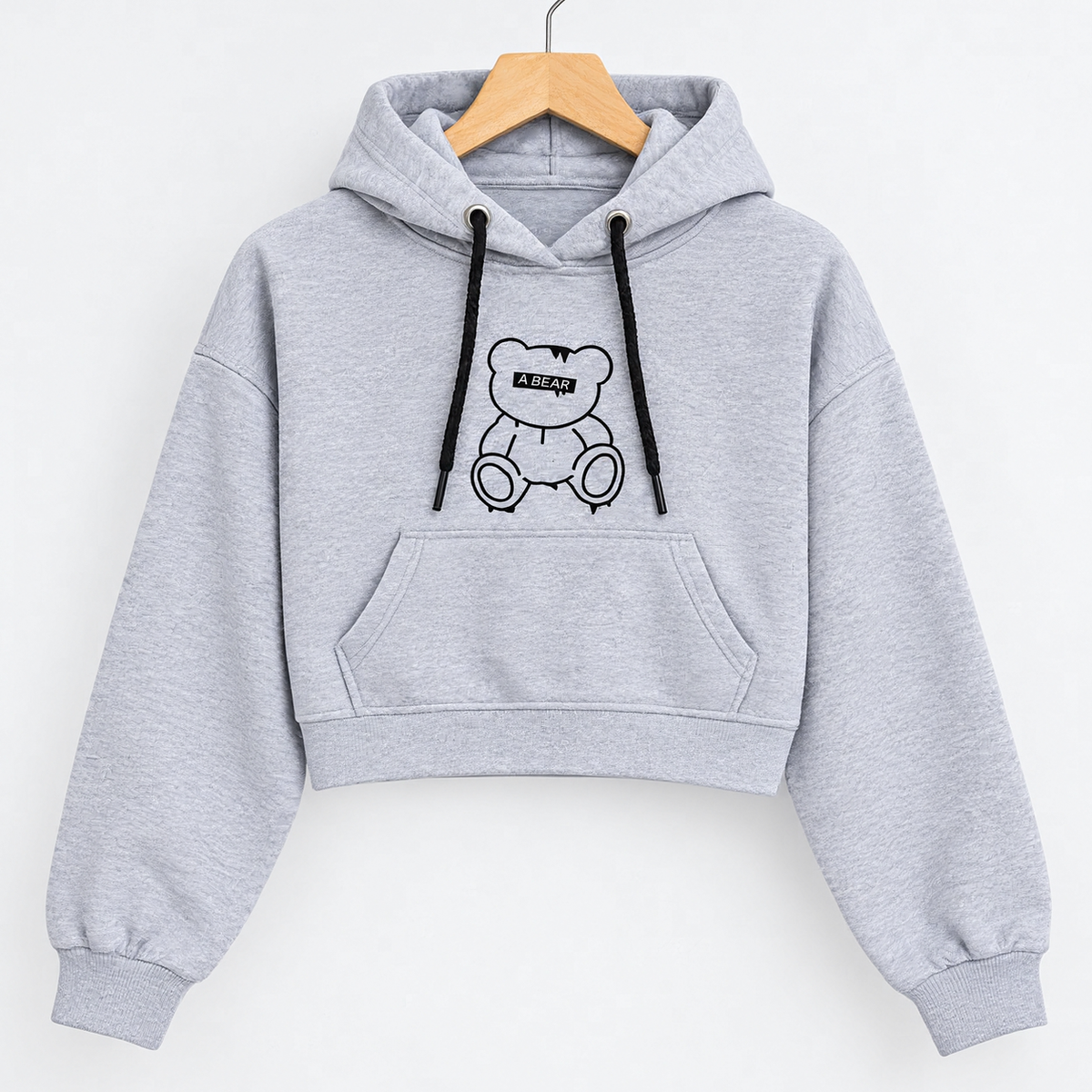 Teddy Bear Print Cropped Hoodie Grey