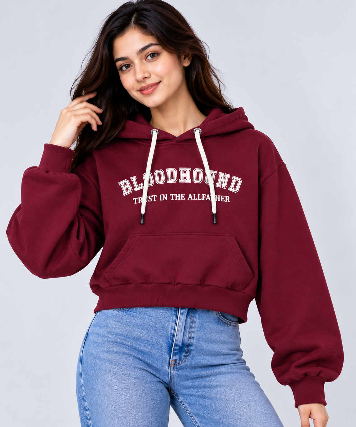 Bloodhound Graphic Cropped Printed Hoodie Maroon