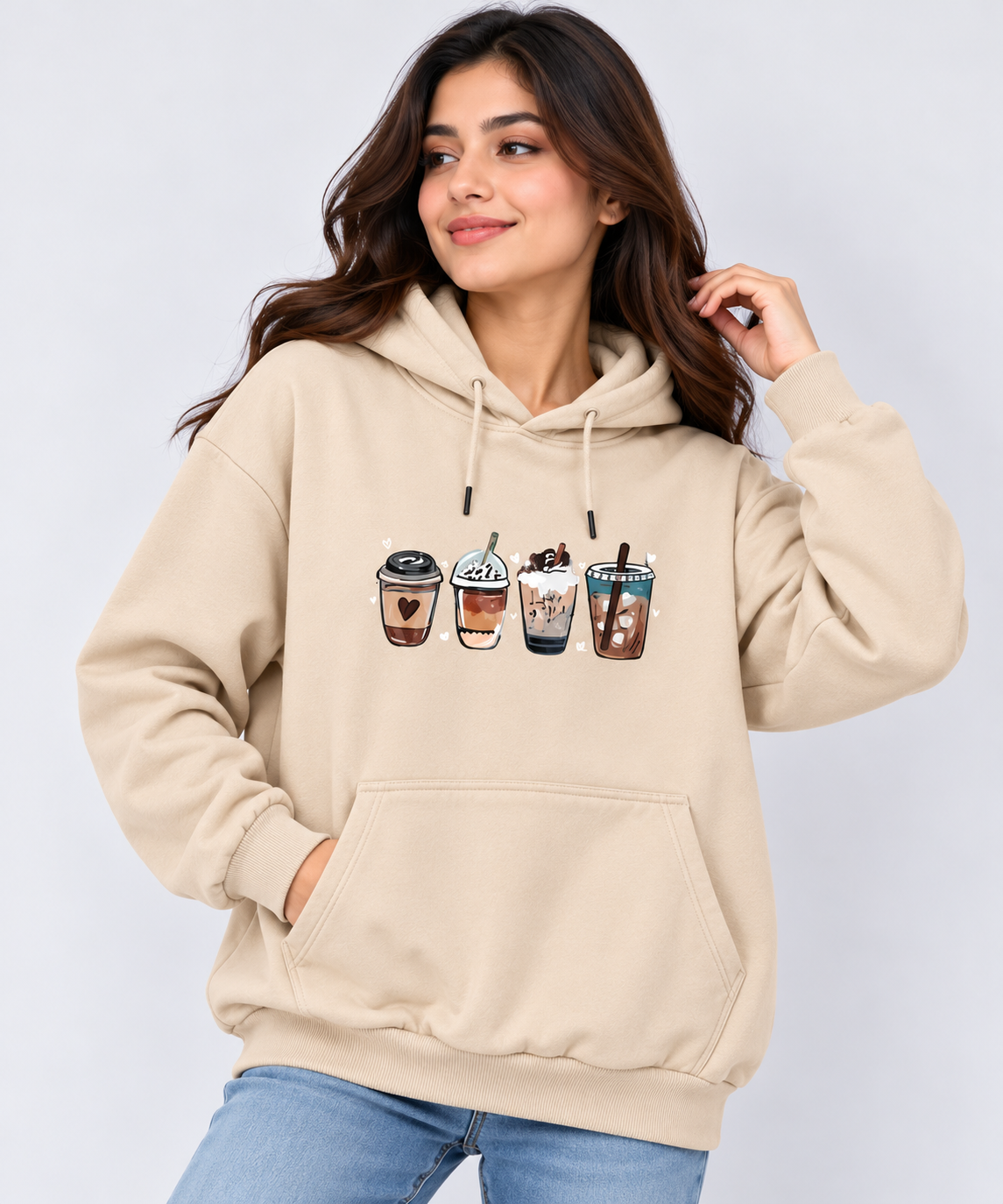 4 Coffee Cups Graphic Oversized Hoodie Beige