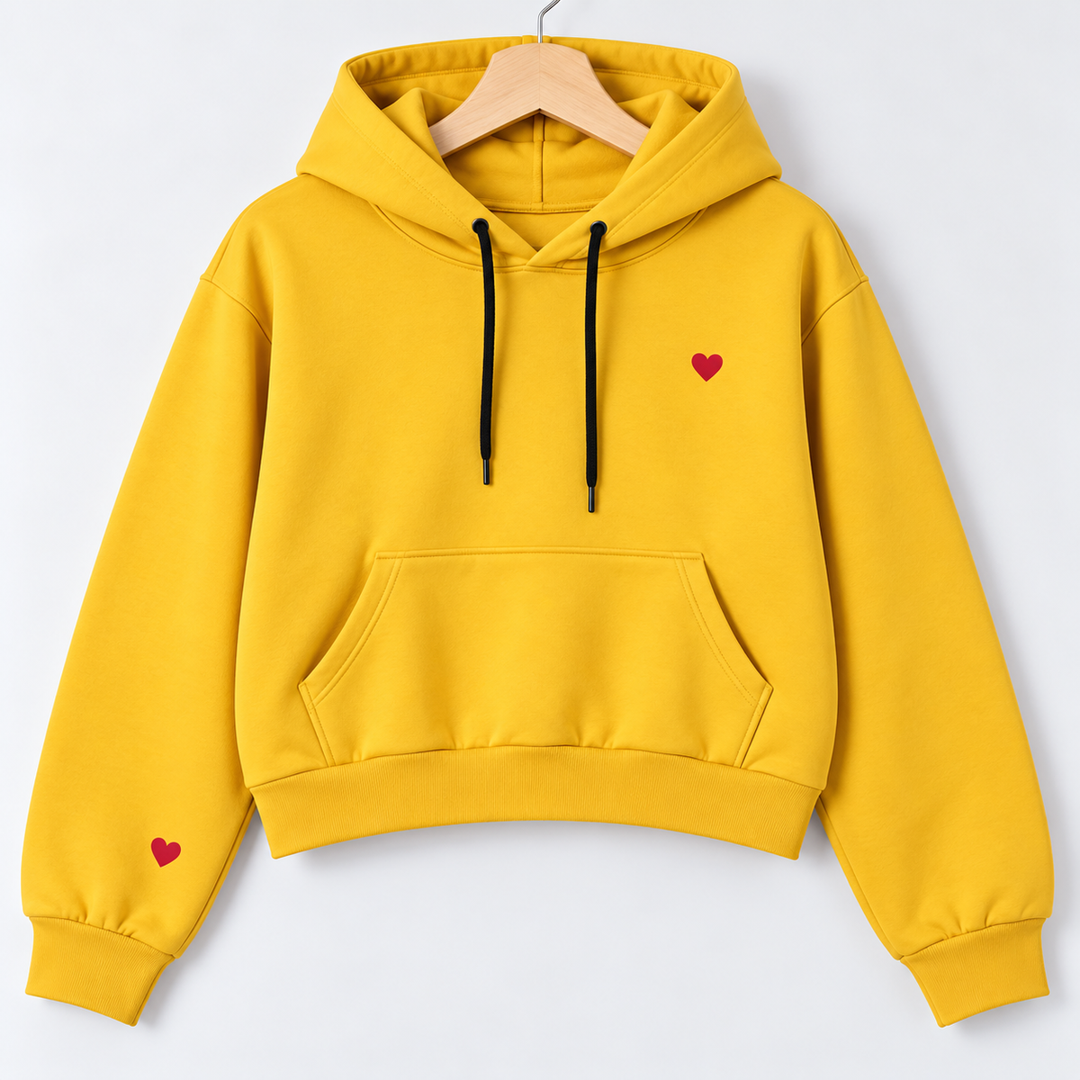 Heart Print Cropped Hoodie Yellow