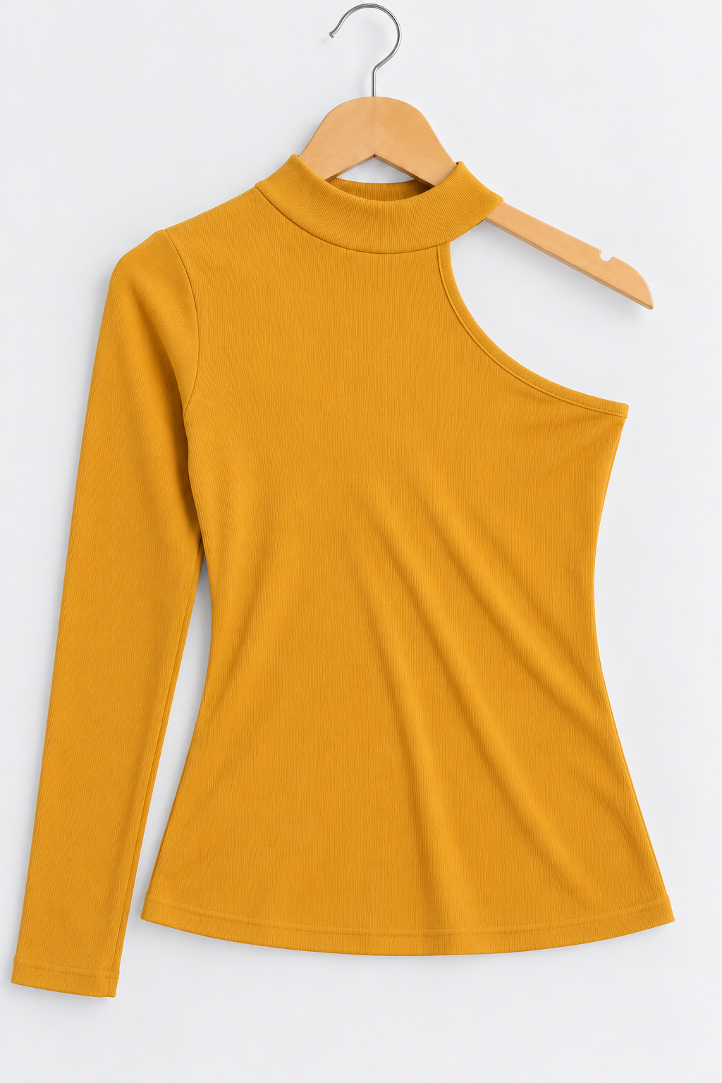 Ribbed One-Shoulder Cut-Out Long Sleeve Top Mustard