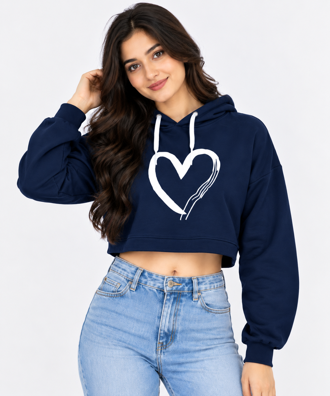 One Heart Cropped Hoodie Navy