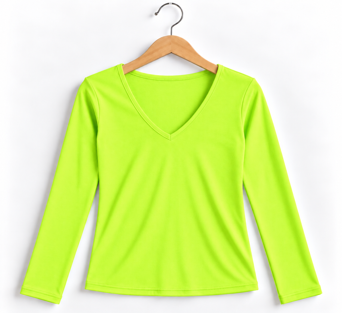 V- Neck Full Sleeve Ribbed Top Neon