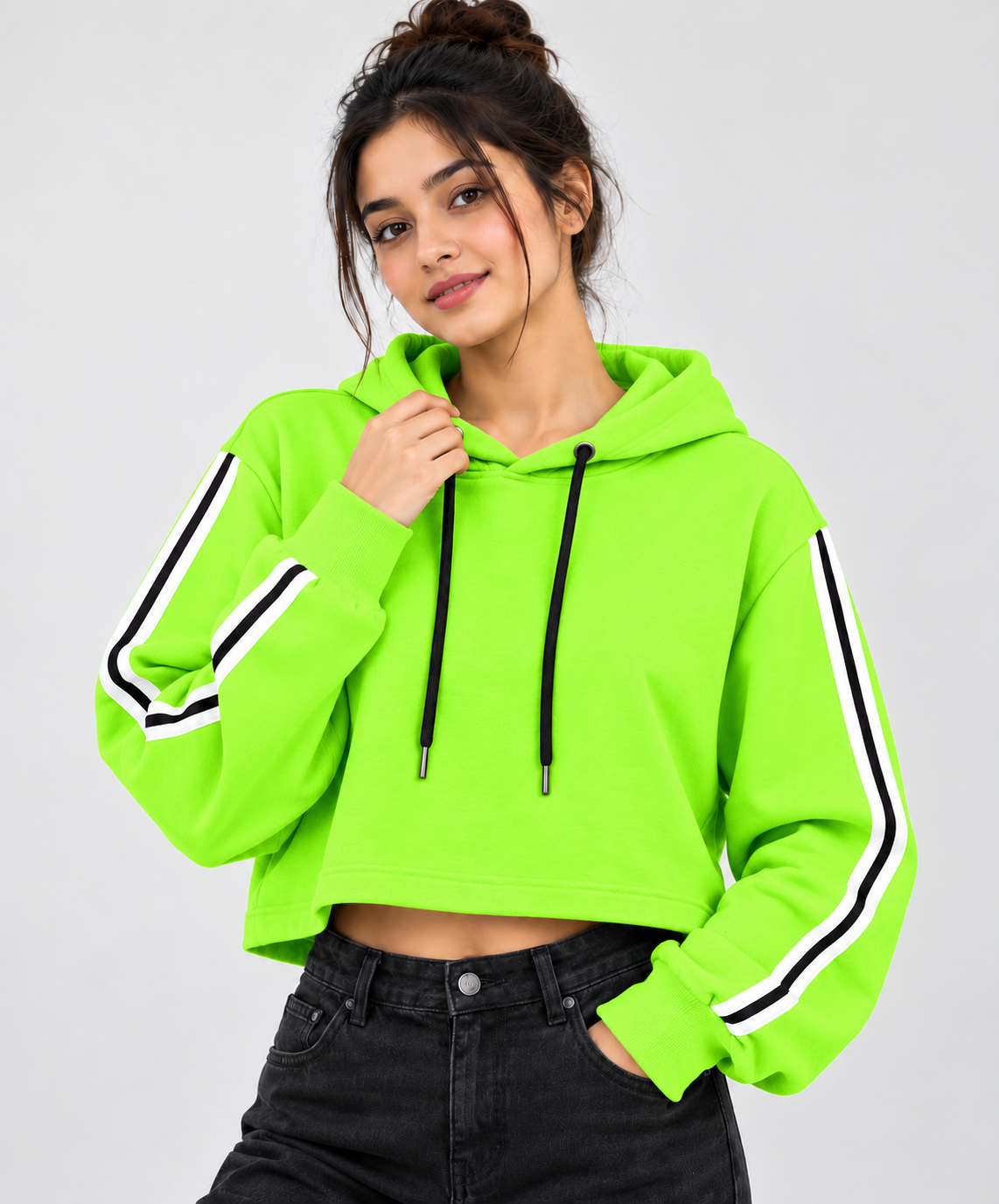 Sporty Striped Cropped Hoodie Neon