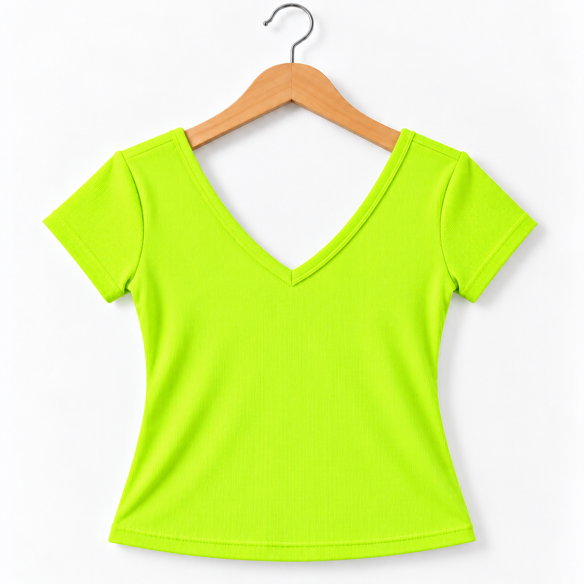 Ribbed Deep V-Neck Short-Sleeve Fitted Top Neon