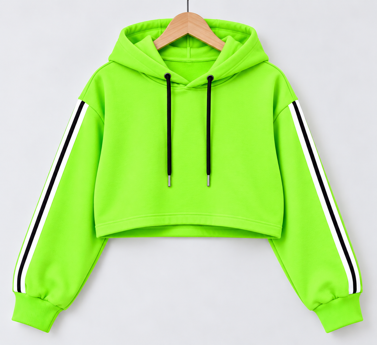 Sporty Striped Cropped Hoodie Neon
