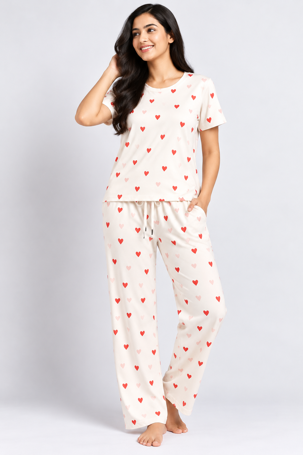 Heart Print Half-Sleeve Coord Set White