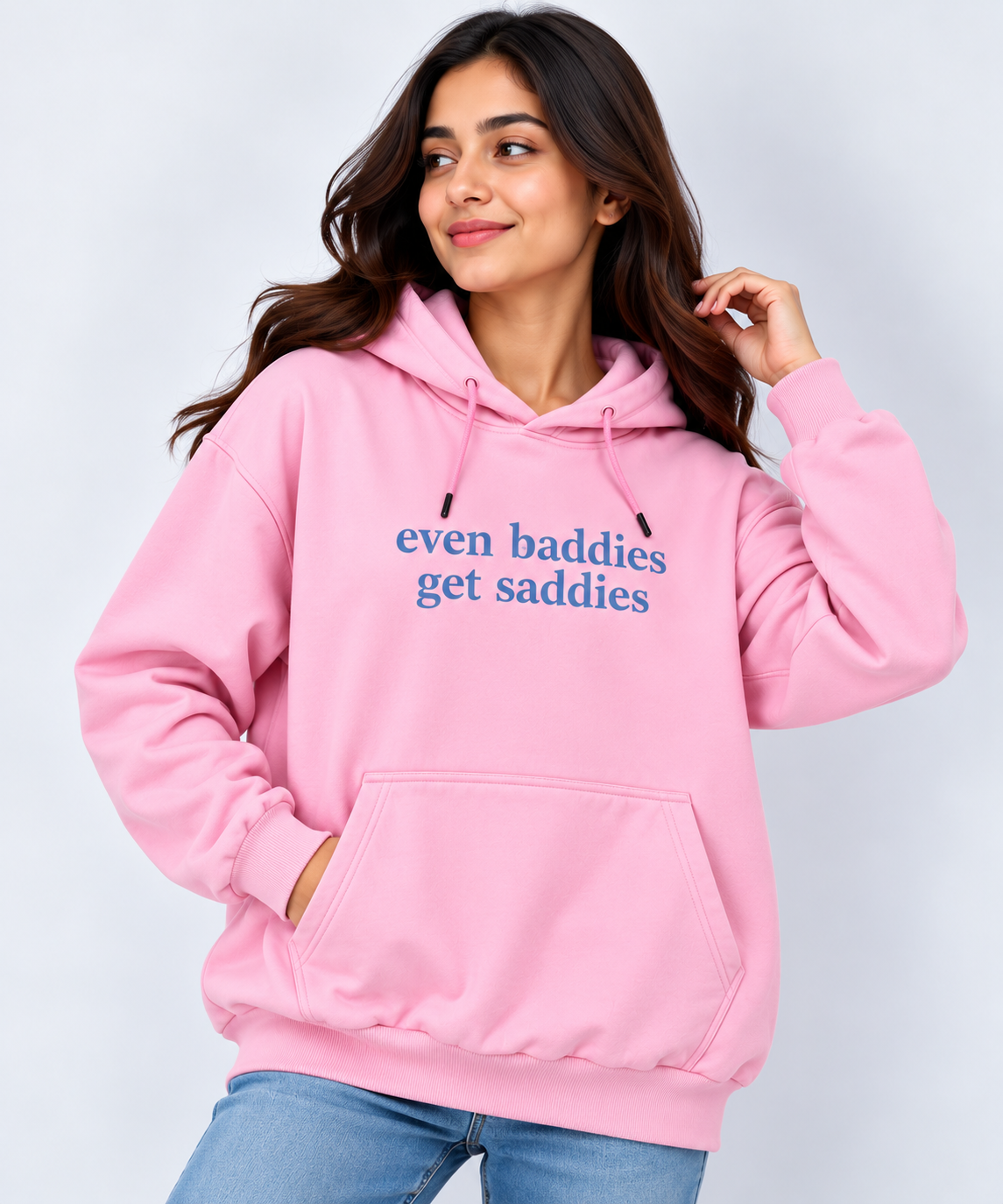 Even Baddies Get Saddies Print Oversized Hoodie Pink