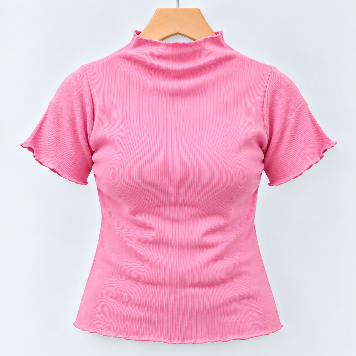 Ribbed Seamless High-Neck Short-Sleeve Top Pink