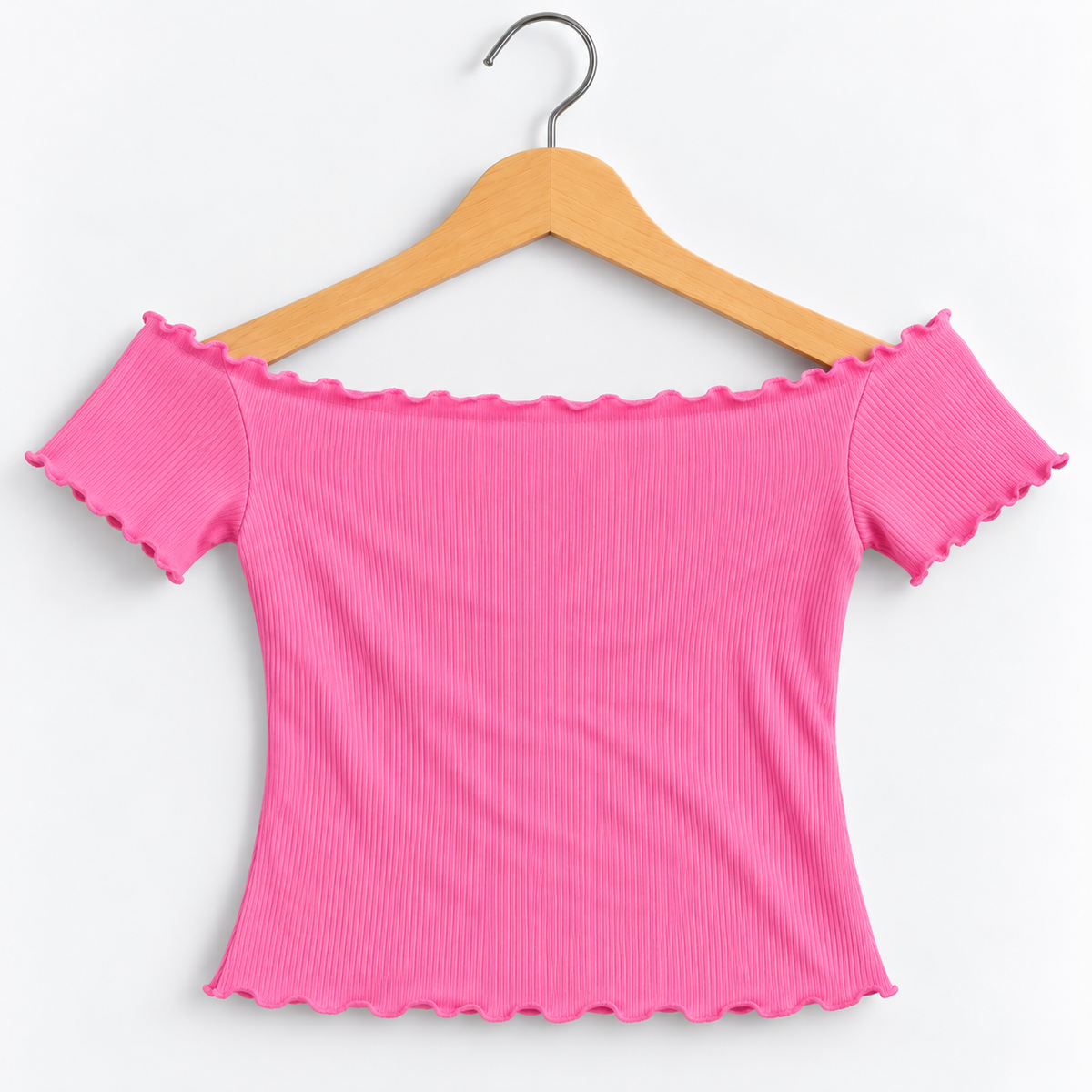 Ribbed Off-Shoulder Short Sleeve Top Pink