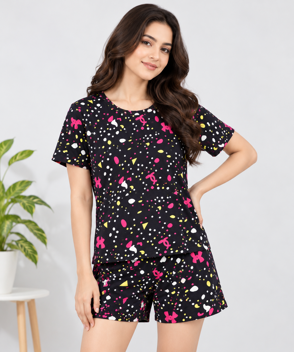 Printed T-Shirt & Shorts Coord Set Black
