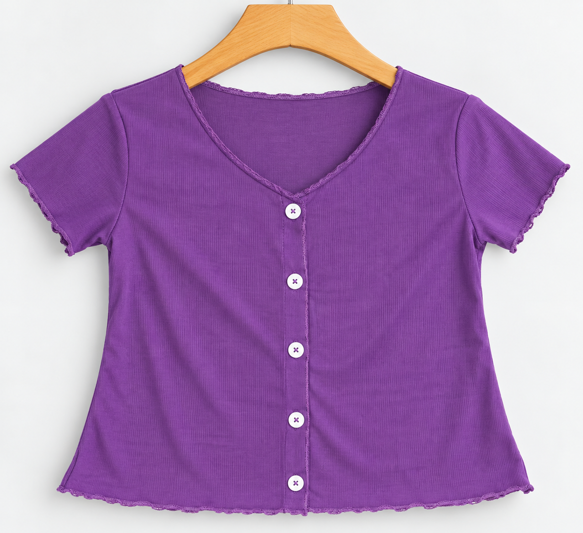 Ribbed Short-Sleeve Button-Front Top Purple