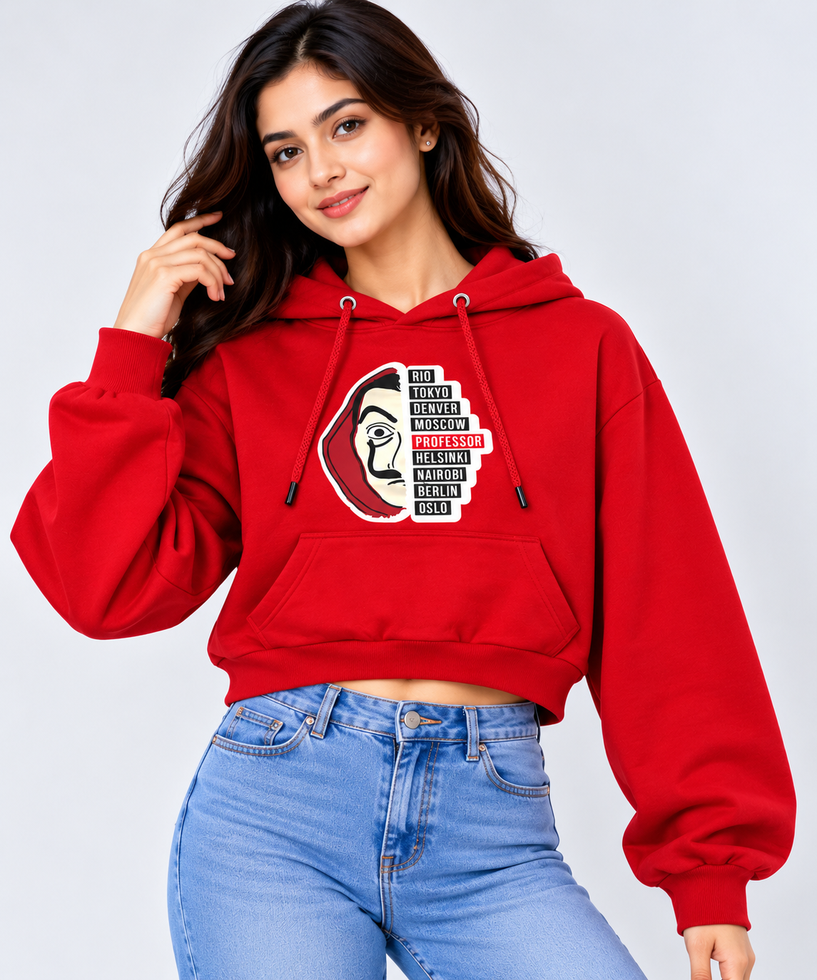 Mask Graphic Cropped Hoodie Red