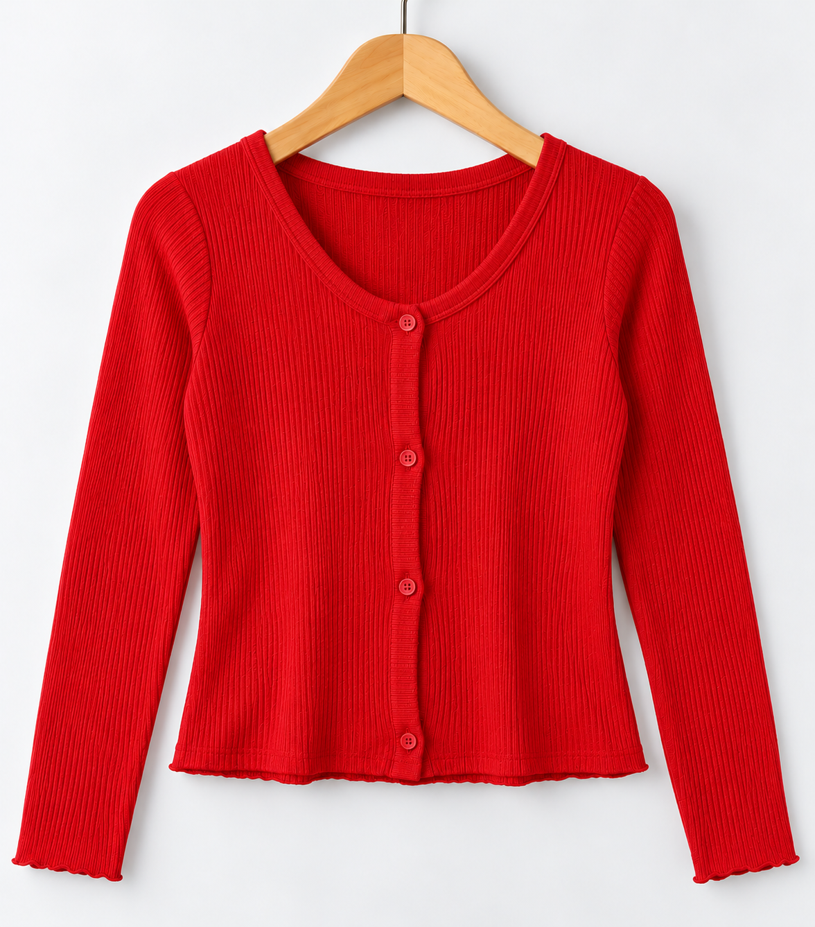 Ribbed Long-Sleeve Button-Front Top Red