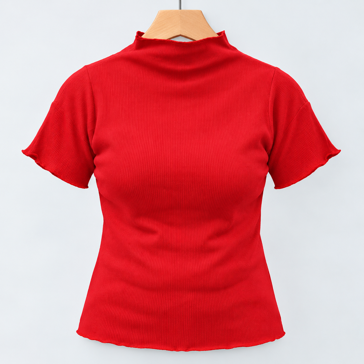 Ribbed Seamless High-Neck Short-Sleeve Top Red