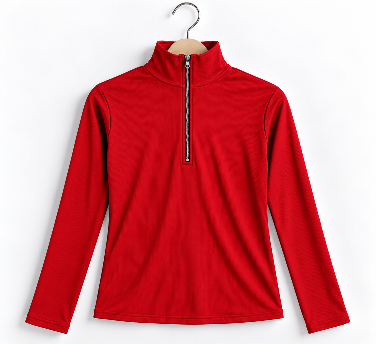 Zipper Mock Neck Full Sleeve Ribbed Top Red